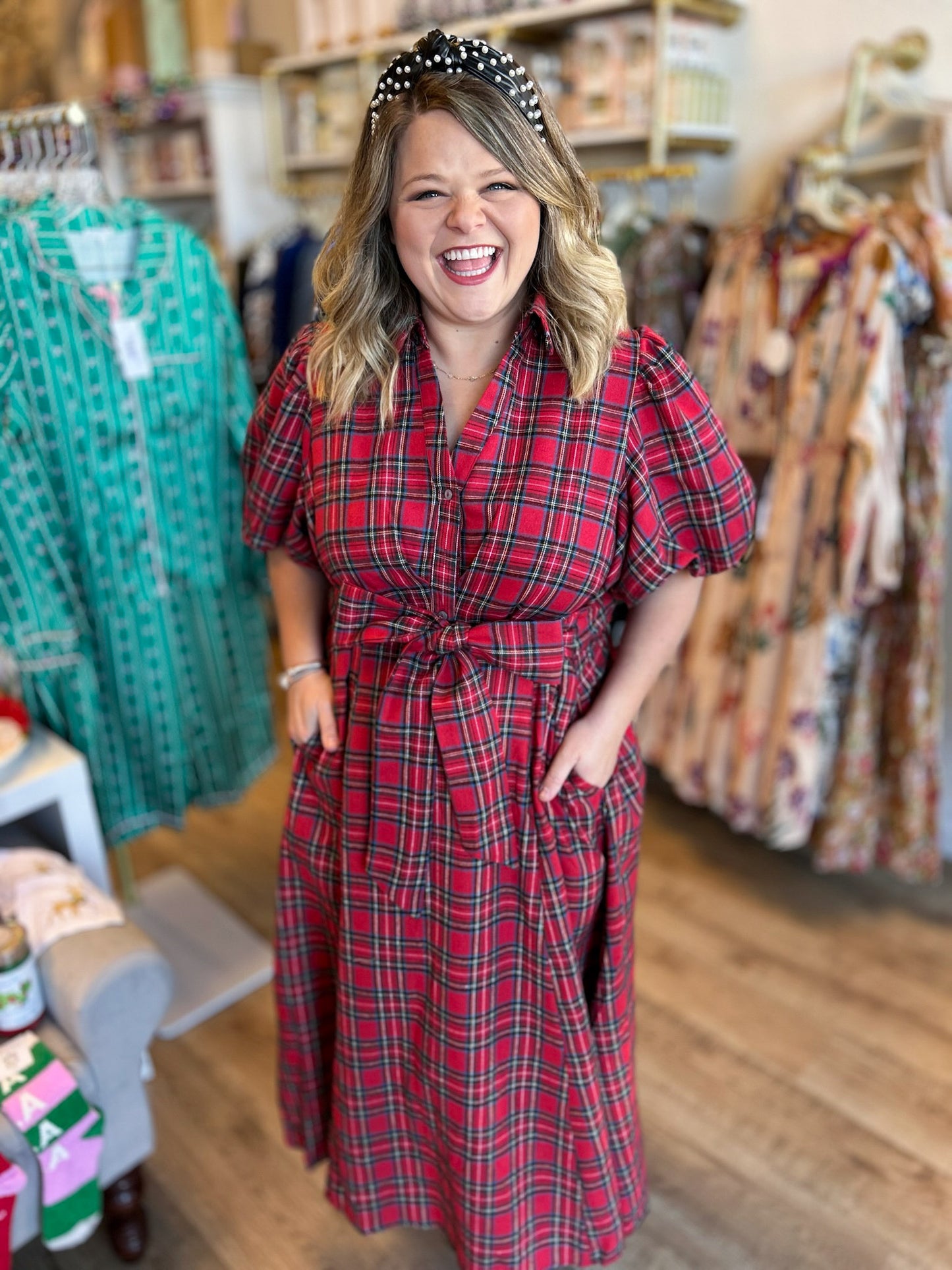 Festive Tartan Curvy Plaid Bow Midi Dress