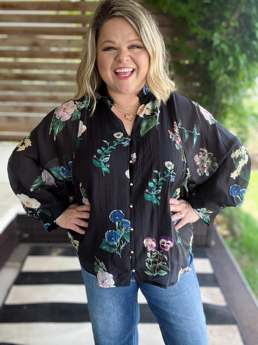 Flamenco Flair Curvy Black Floral Top