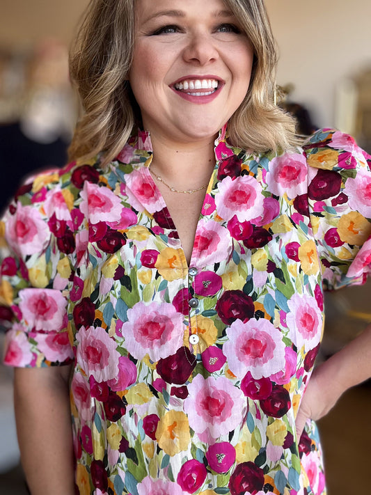 Floral Femininity Curvy Multicolor Floral Blouse
