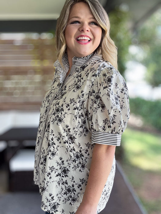 Floral Frenzy Curvy Black & White Floral Top
