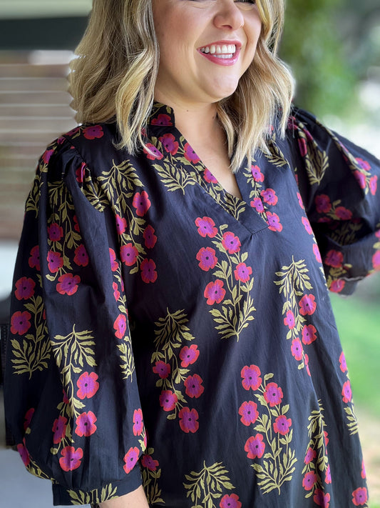 Follow Every Rainbow Curvy Black Blossom Dress