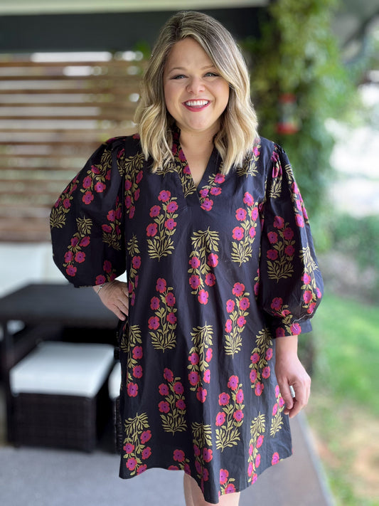 Follow Every Rainbow Curvy Black Blossom Dress