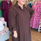 French Press Curvy Brown Collared Button Down Midi Dress