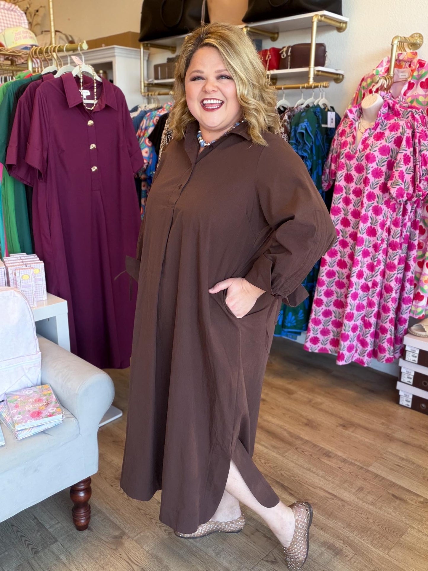 French Press Curvy Brown Collared Button Down Midi Dress