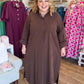 French Press Curvy Brown Collared Button Down Midi Dress