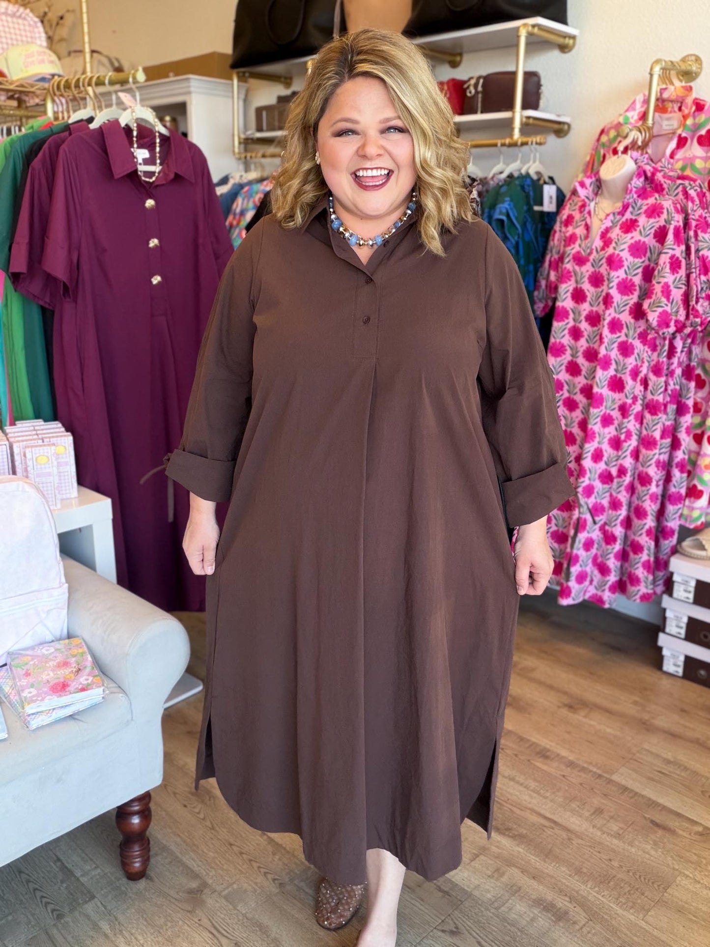 French Press Curvy Brown Collared Button Down Midi Dress