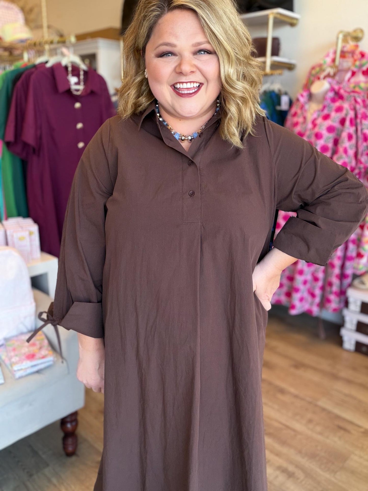 French Press Curvy Brown Collared Button Down Midi Dress