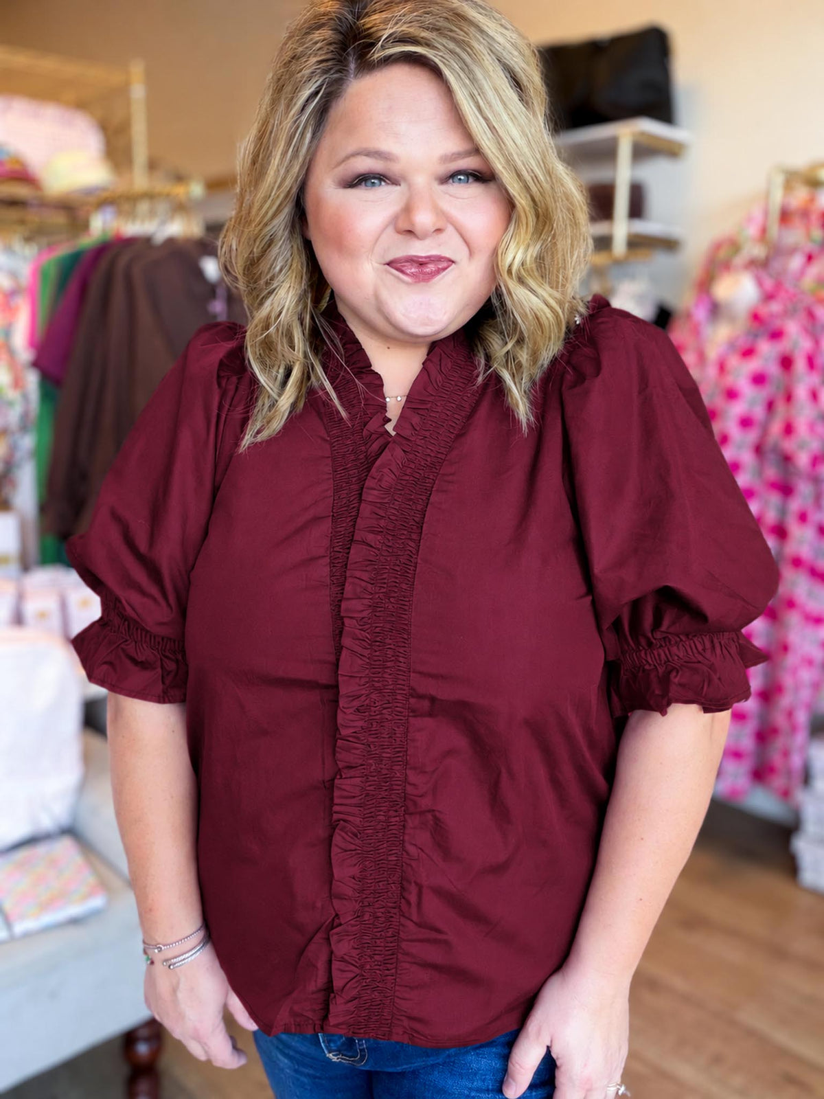French Ribbon Curvy Wine Ruffled Top