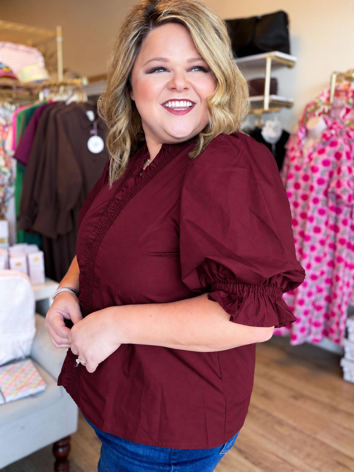 French Ribbon Curvy Wine Ruffled Top