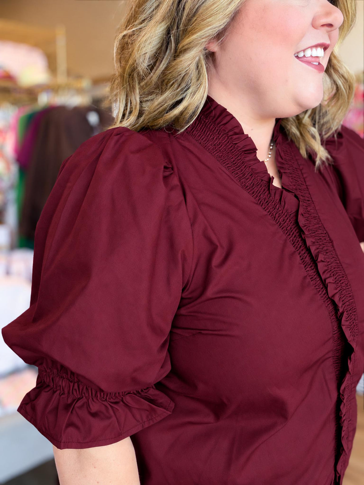 French Ribbon Curvy Wine Ruffled Top