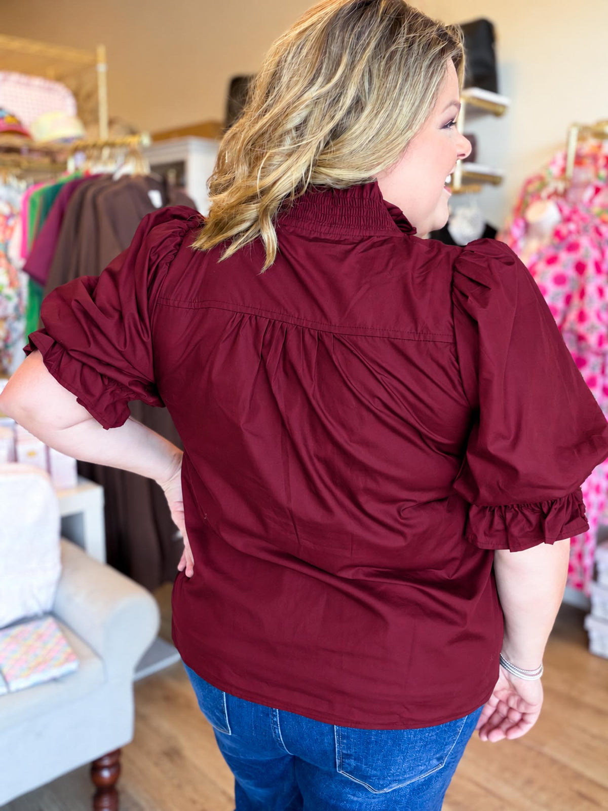 French Ribbon Curvy Wine Ruffled Top