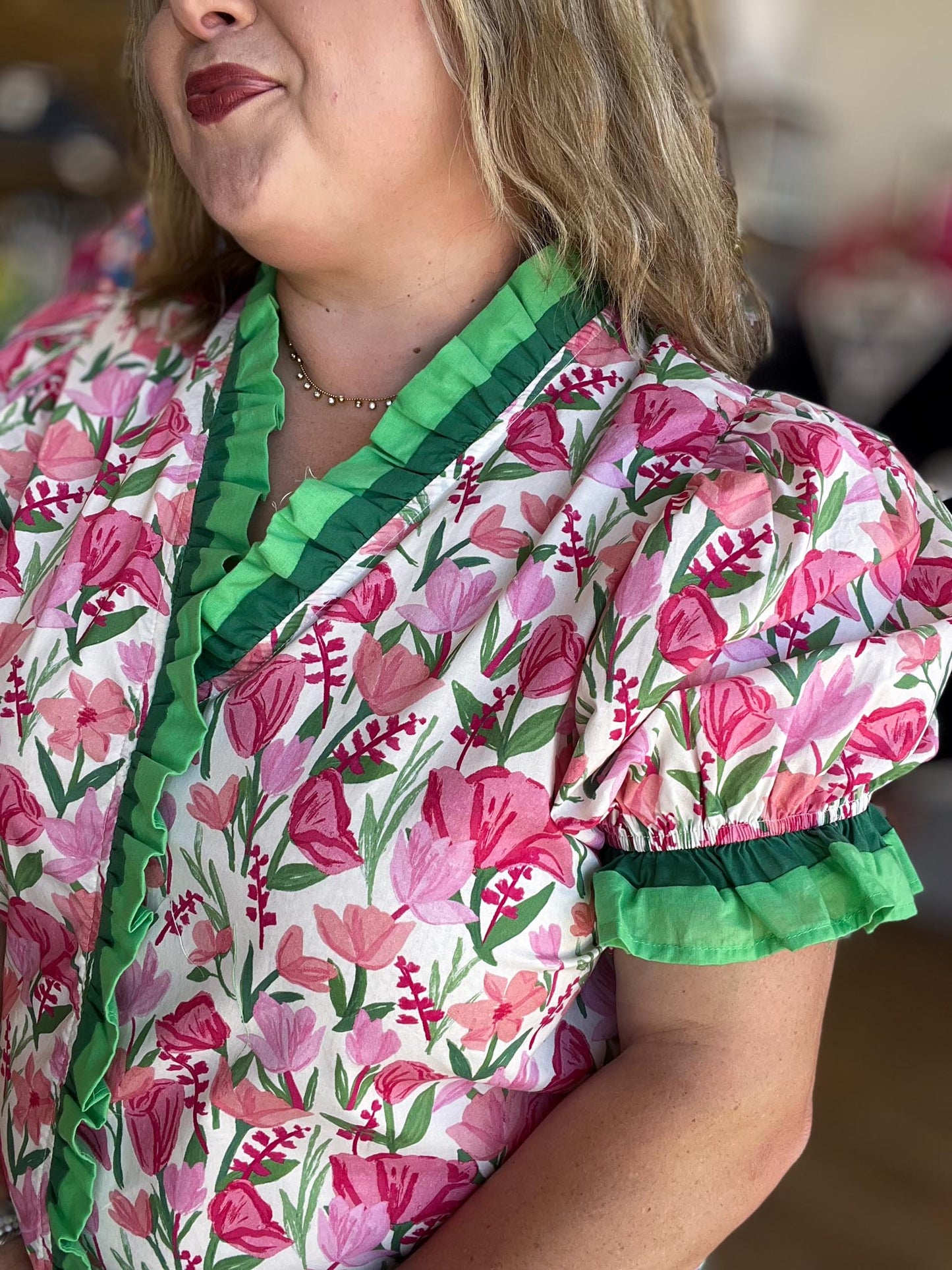 Front Porch Florals Curvy Ruffle Trim Top