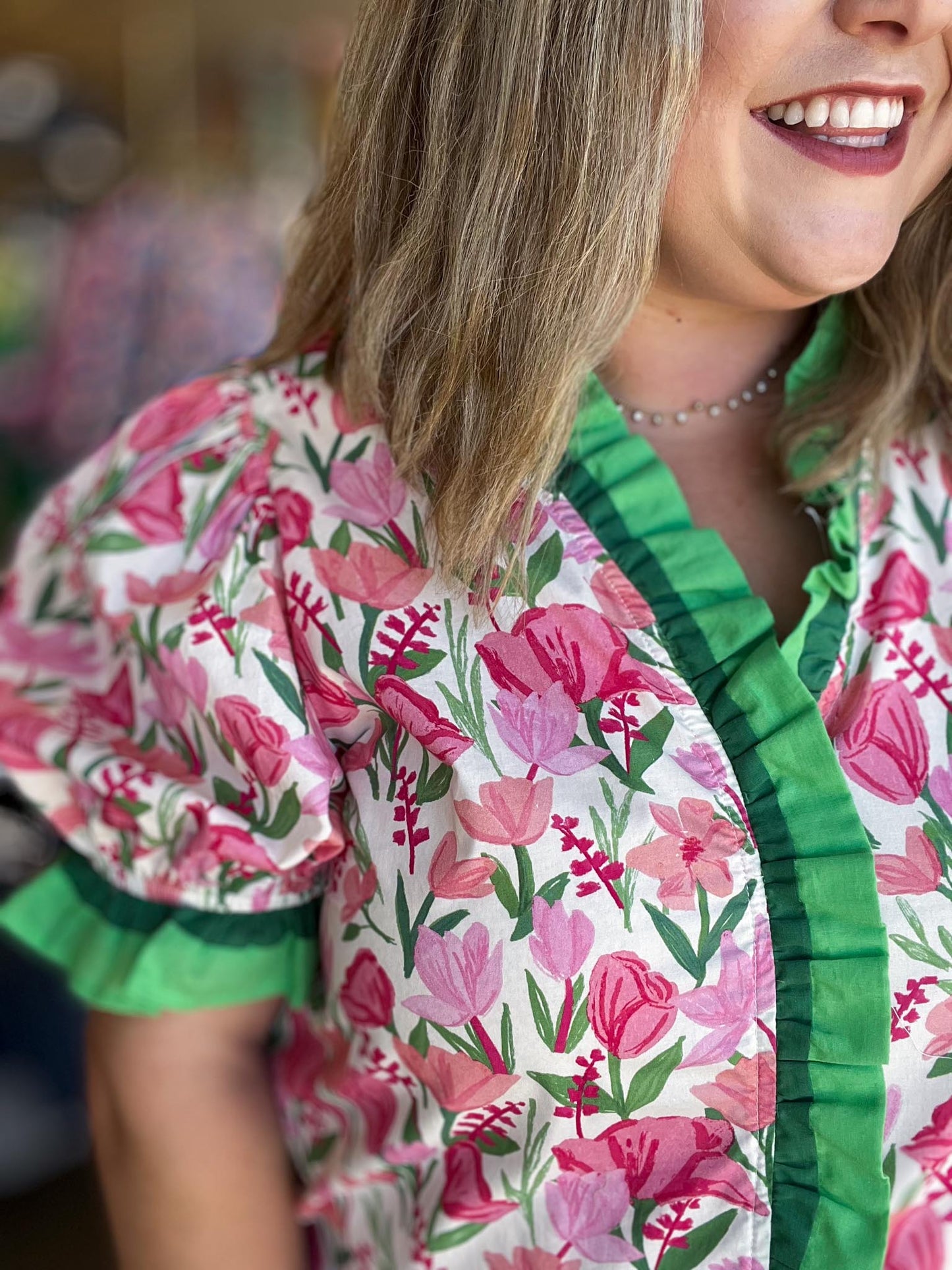 Front Porch Florals Curvy Ruffle Trim Top