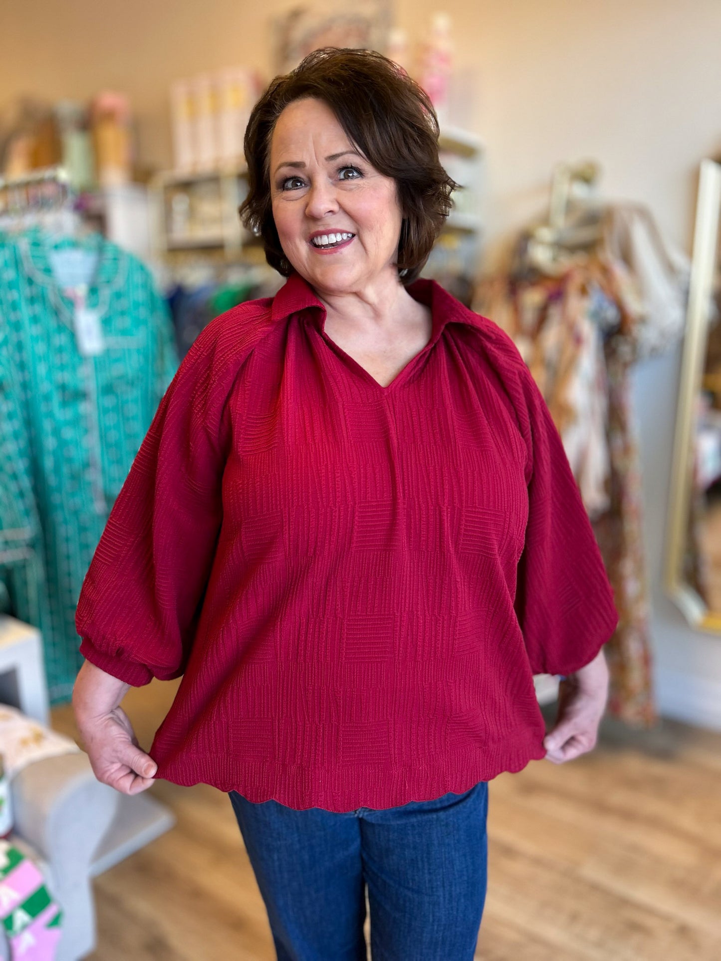 Frosted Cranberry Curvy Collared Top