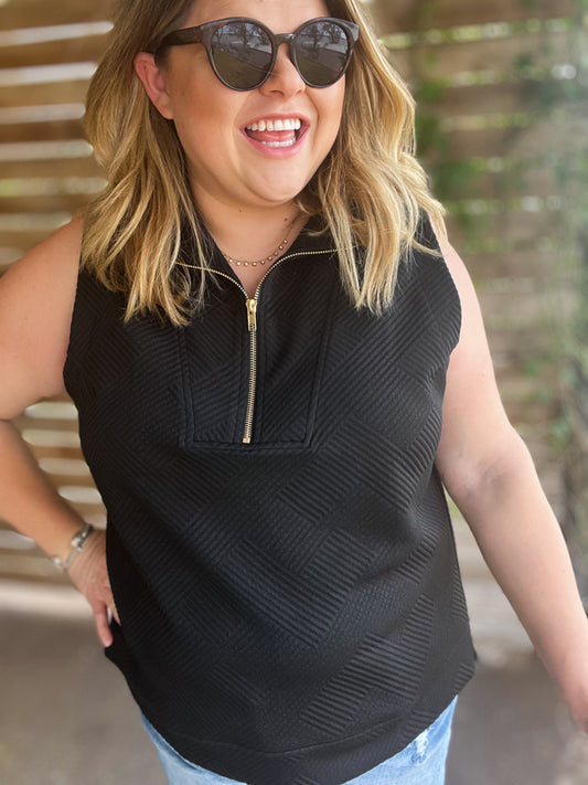 "Gal On-The-Go" Curvy Black Textured Half Zip Top