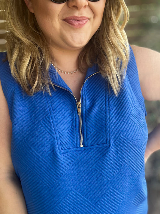 "Gal On-The-Go" Curvy Blue Textured Half Zip Top