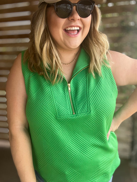 "Gal On-The-Go" Curvy Green Textured Half Zip Top