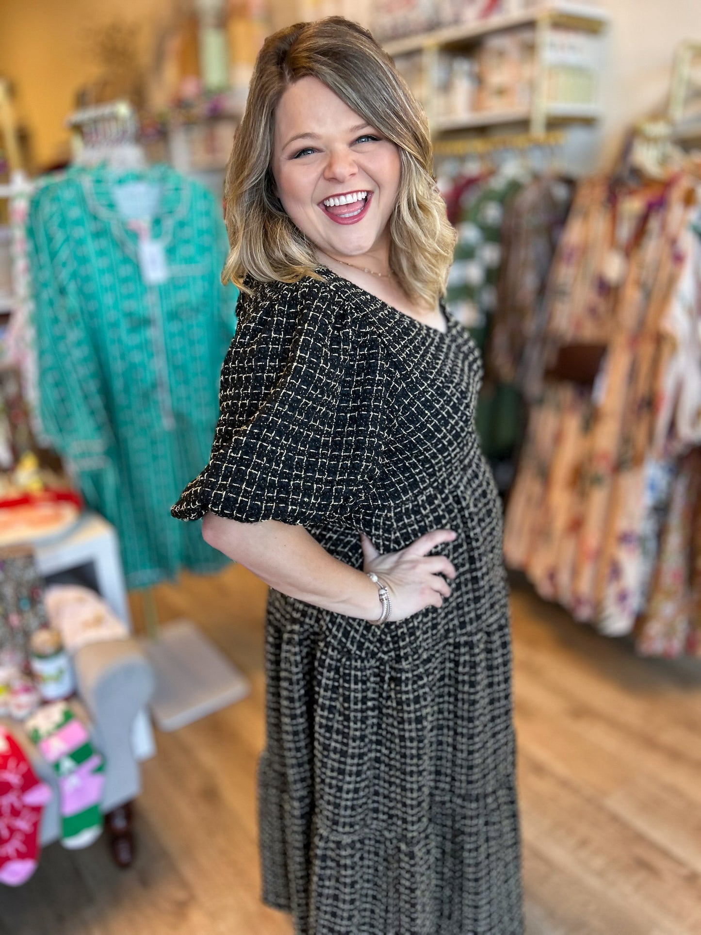 Gilded Eve Plus-Size Black & Gold Tweed Dress