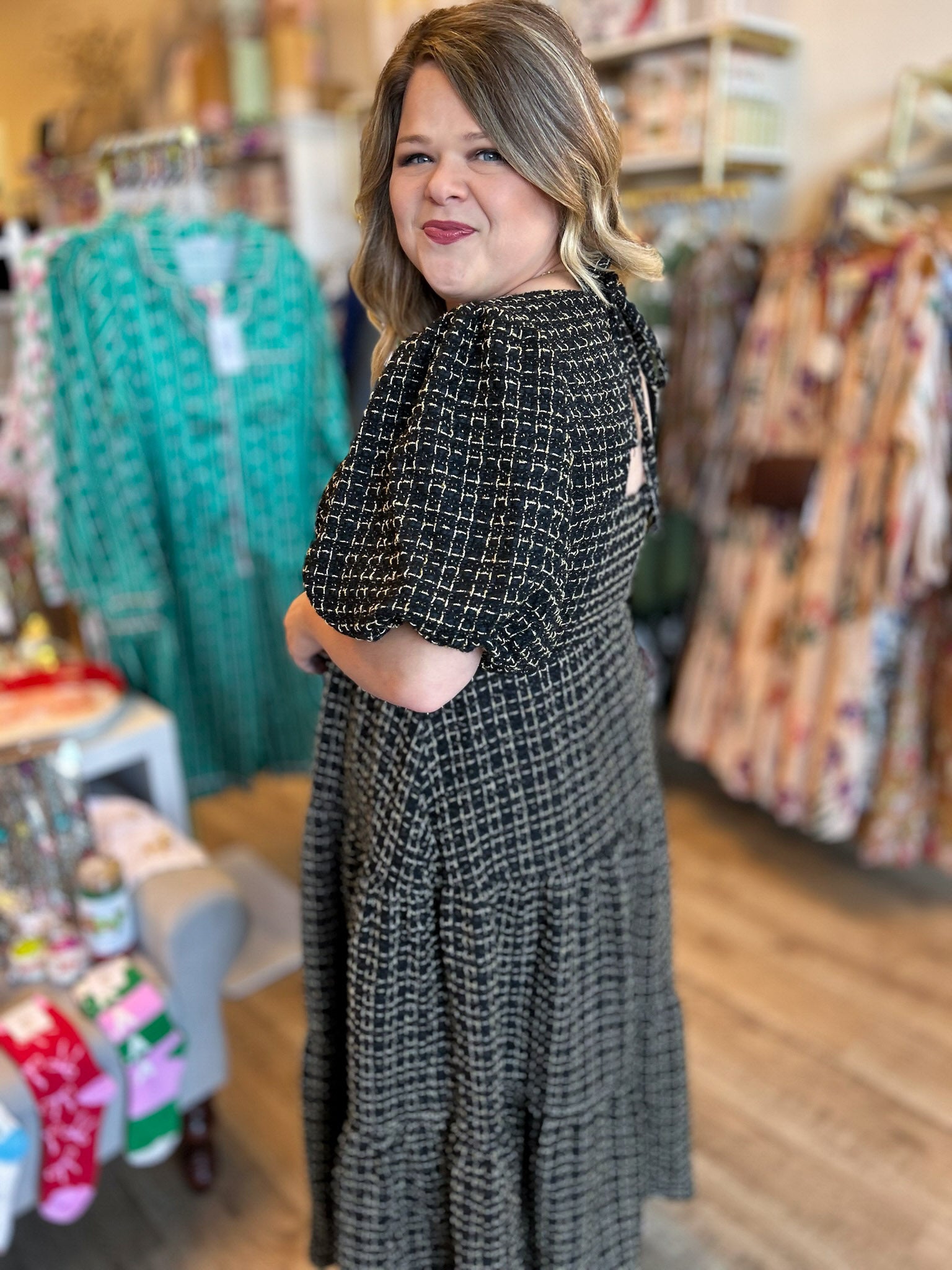 Gilded Eve Plus-Size Black & Gold Tweed Dress – Katherine Parker