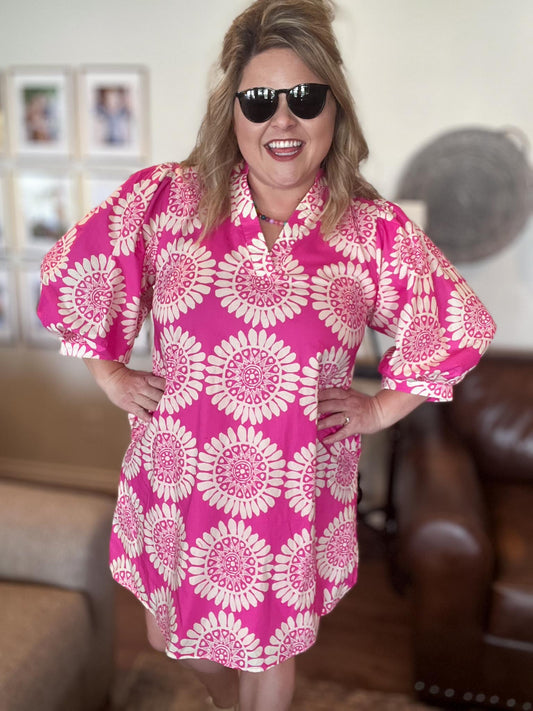Glow Getter Curvy Pink Medallion Print Mini Dress