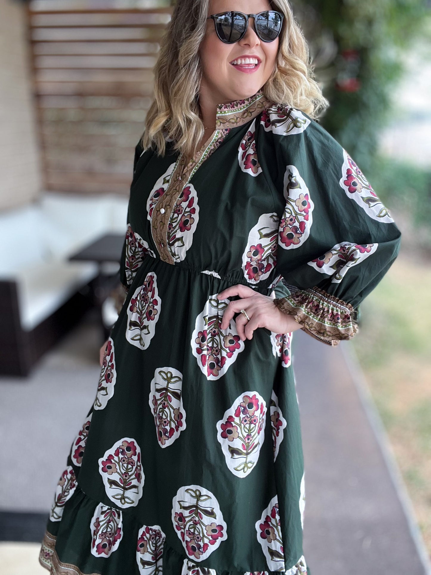Green with Envy Curvy Flower Patch Midi Dress