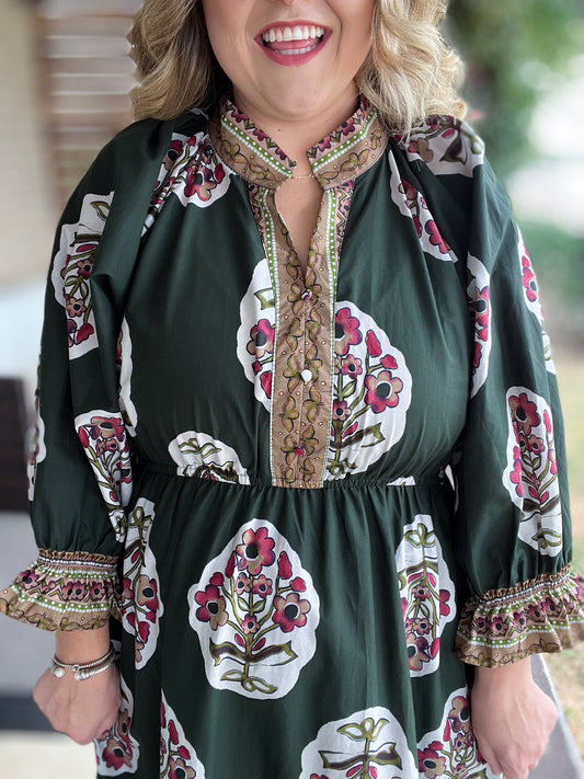 Green with Envy Curvy Flower Patch Midi Dress