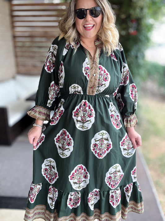 Green with Envy Curvy Flower Patch Midi Dress
