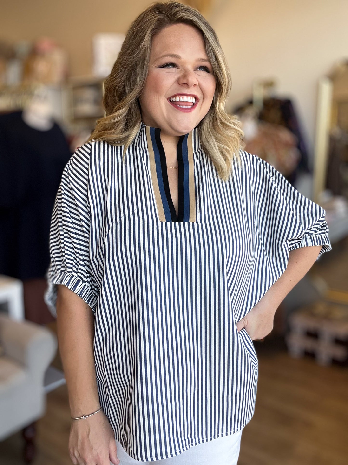 Hail Mary Curvy Navy Stripe Dolman Top
