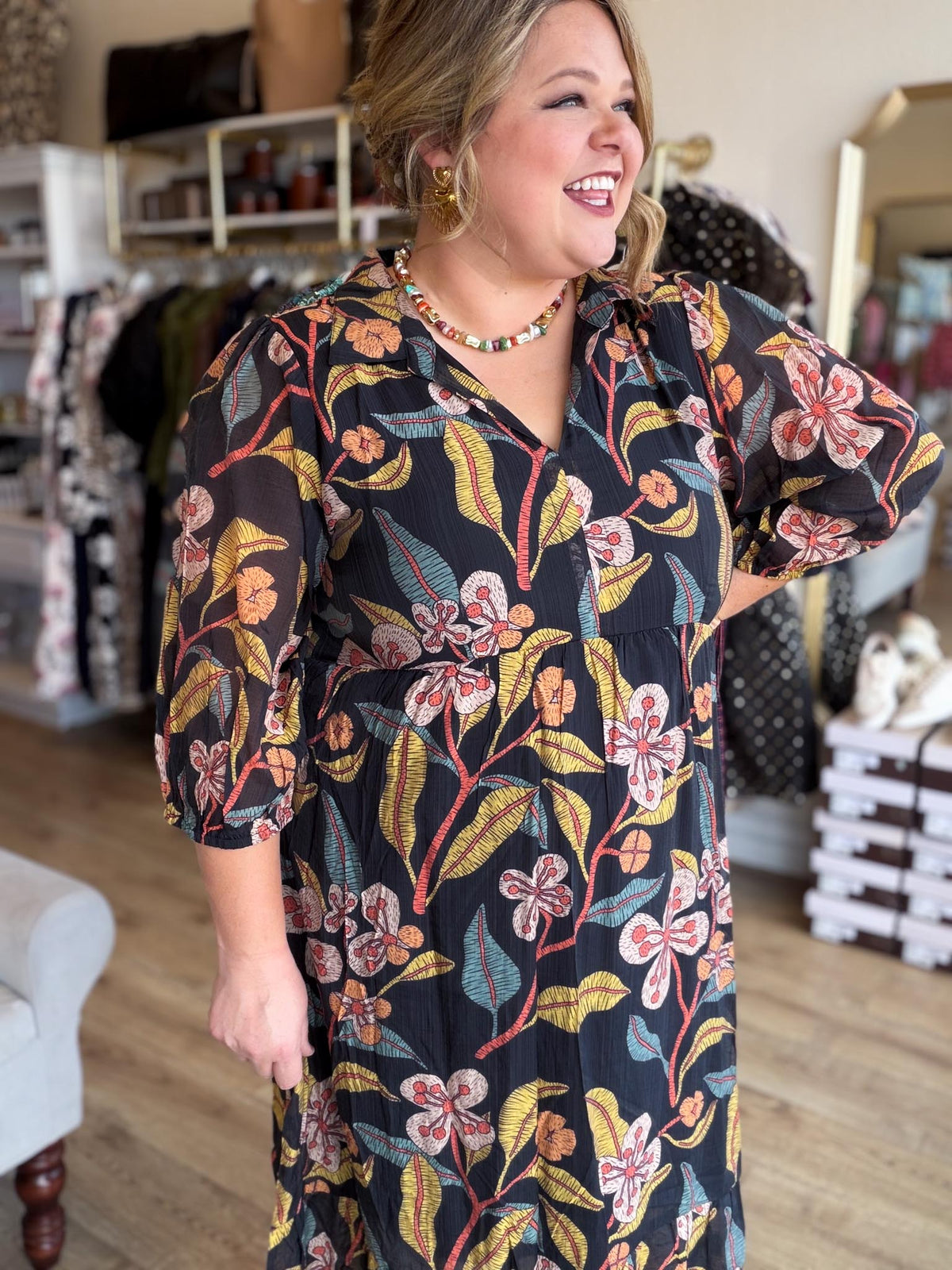Harvest Blooms Curvy Black Floral Midi Dress