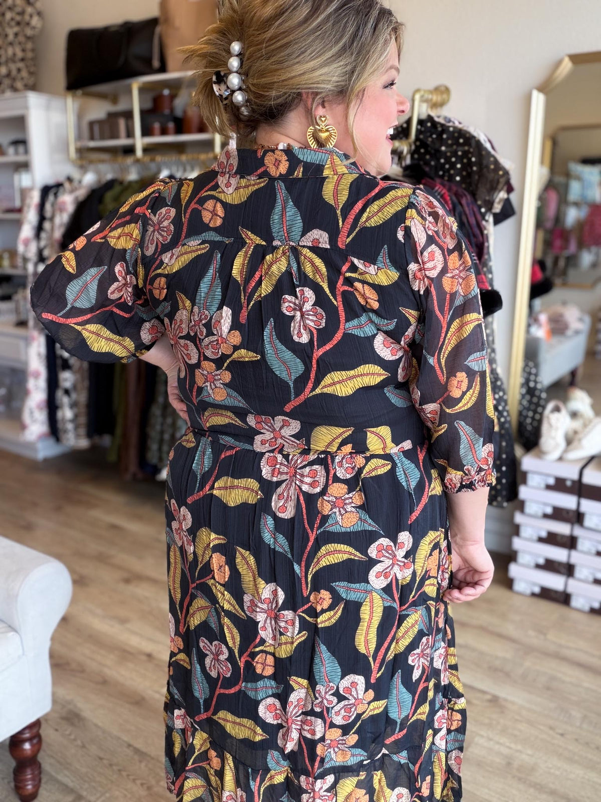 Harvest Blooms Curvy Black Floral Midi Dress