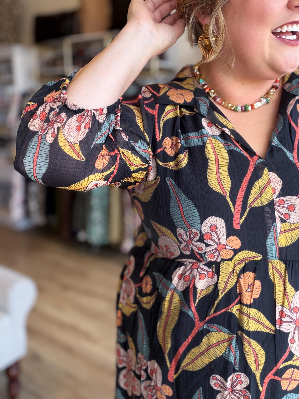 Harvest Blooms Curvy Black Floral Midi Dress