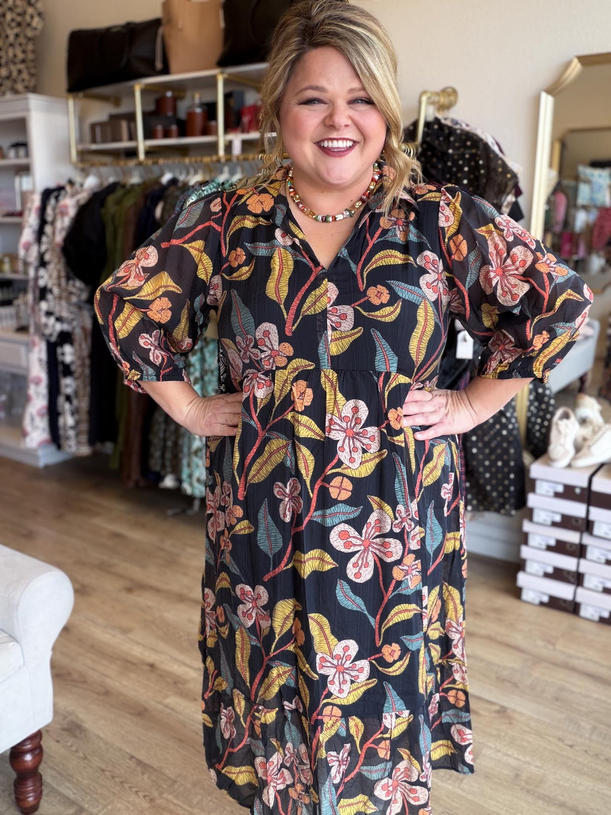 Harvest Blooms Curvy Black Floral Midi Dress