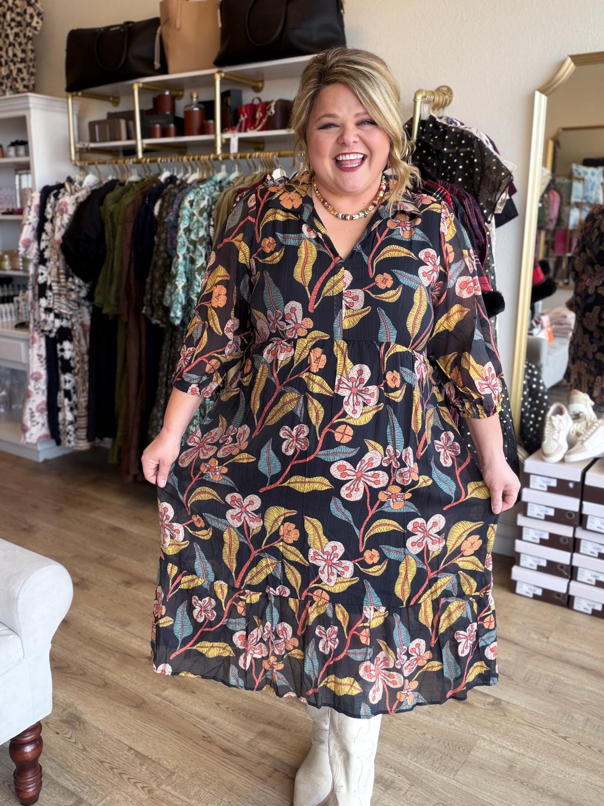Harvest Blooms Curvy Black Floral Midi Dress
