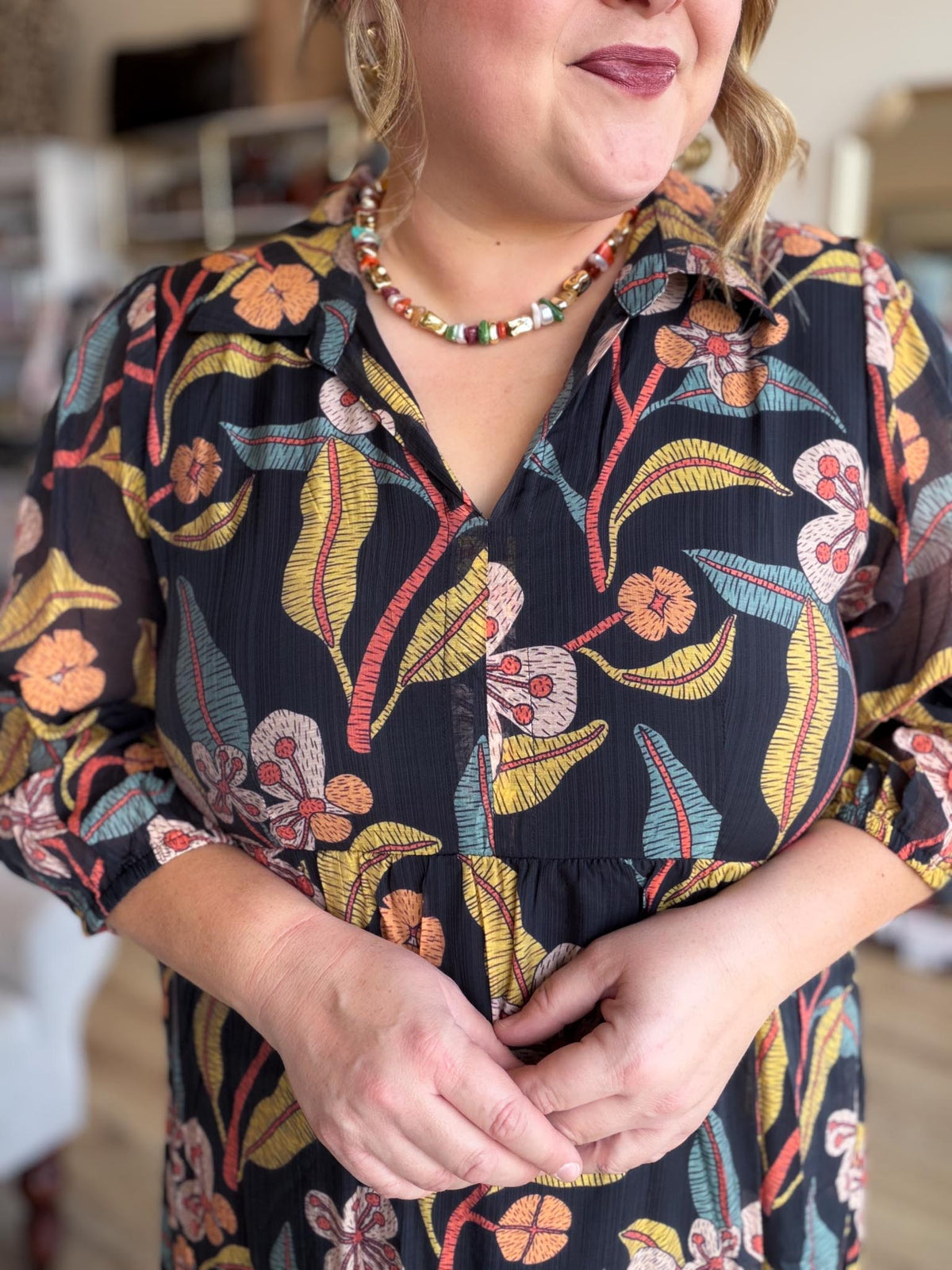 Harvest Blooms Curvy Black Floral Midi Dress