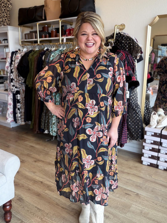 Harvest Blooms Curvy Black Floral Midi Dress