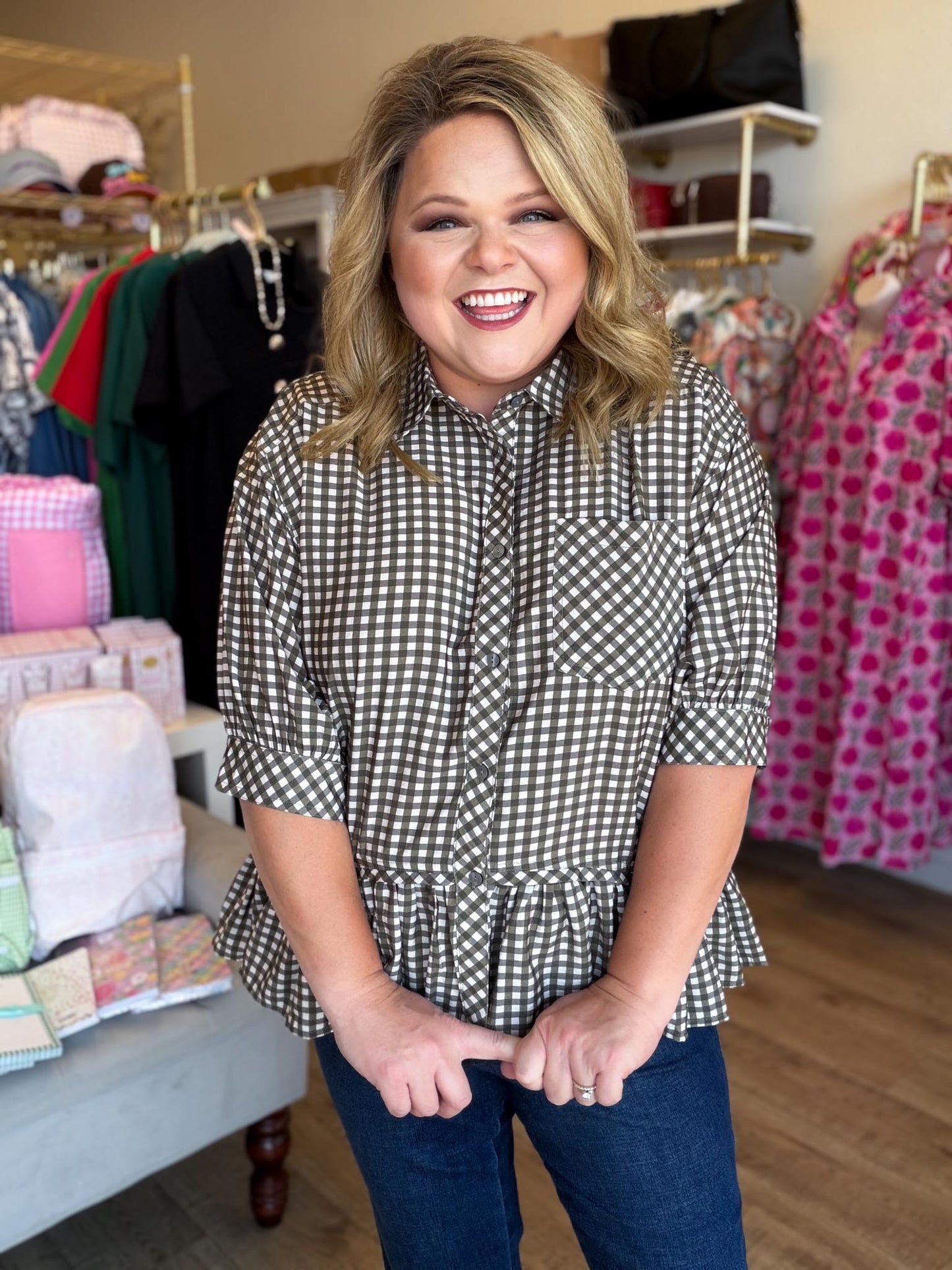 Harvest Check Curvy Olive Gingham Peplum Top
