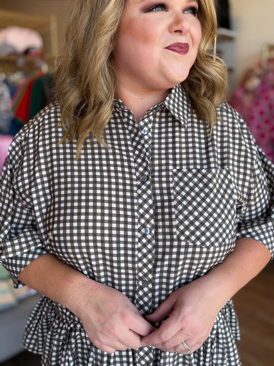 Harvest Check Curvy Olive Gingham Peplum Top
