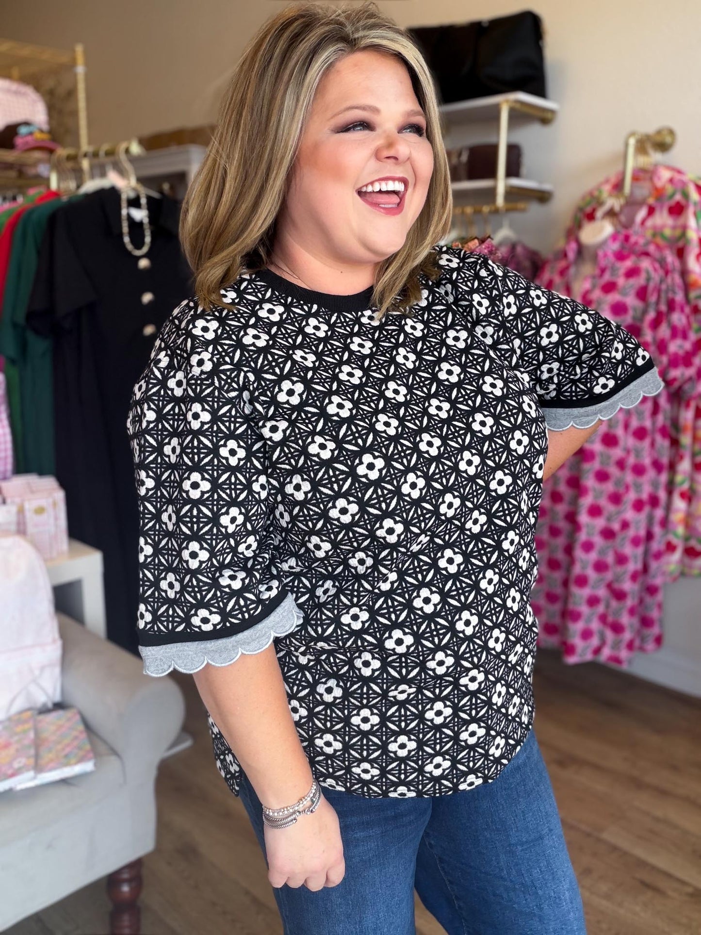Harvest Haze Curvy Black and White Floral Top