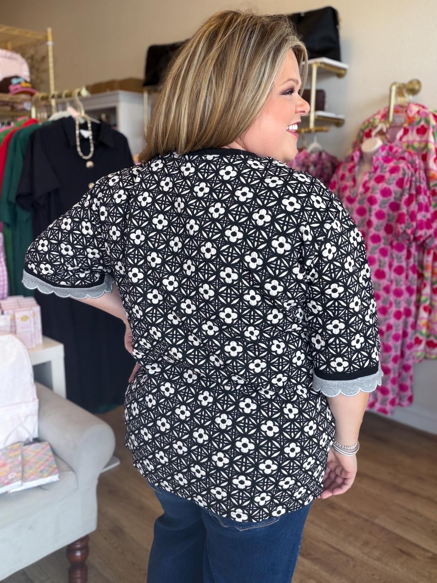 Harvest Haze Curvy Black and White Floral Top