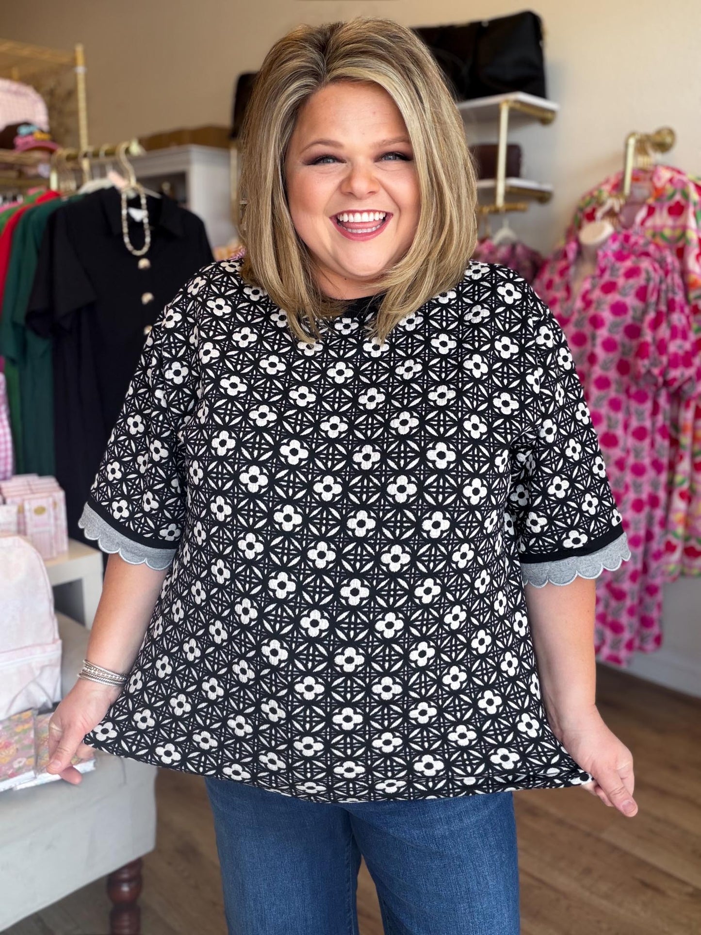 Harvest Haze Curvy Black and White Floral Top