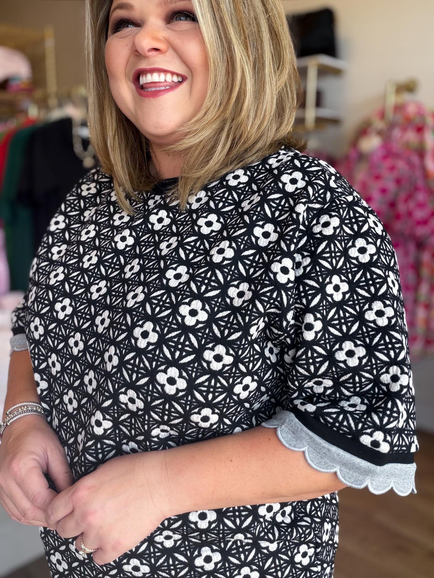 Harvest Haze Curvy Black and White Floral Top