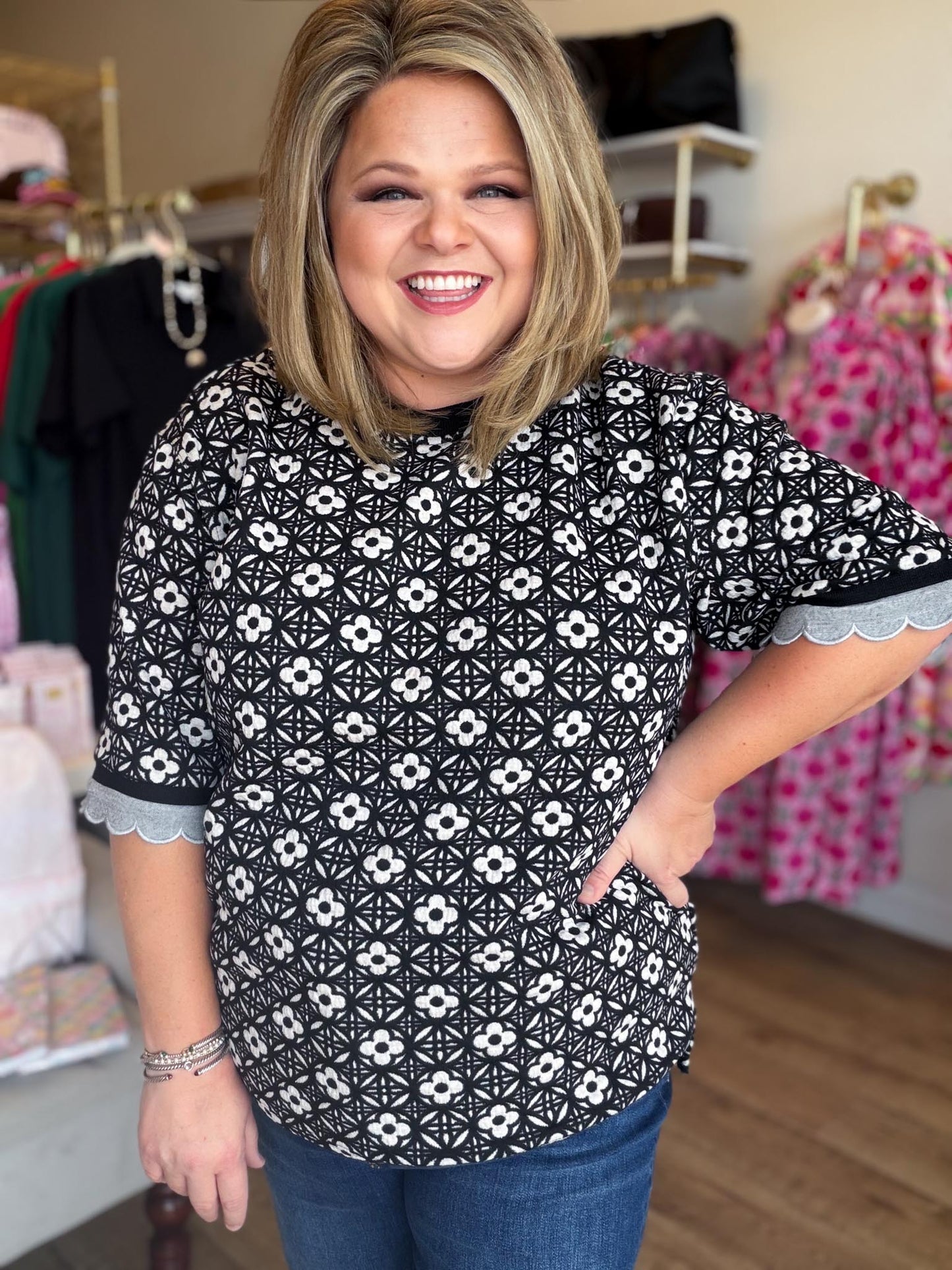 Harvest Haze Curvy Black and White Floral Top