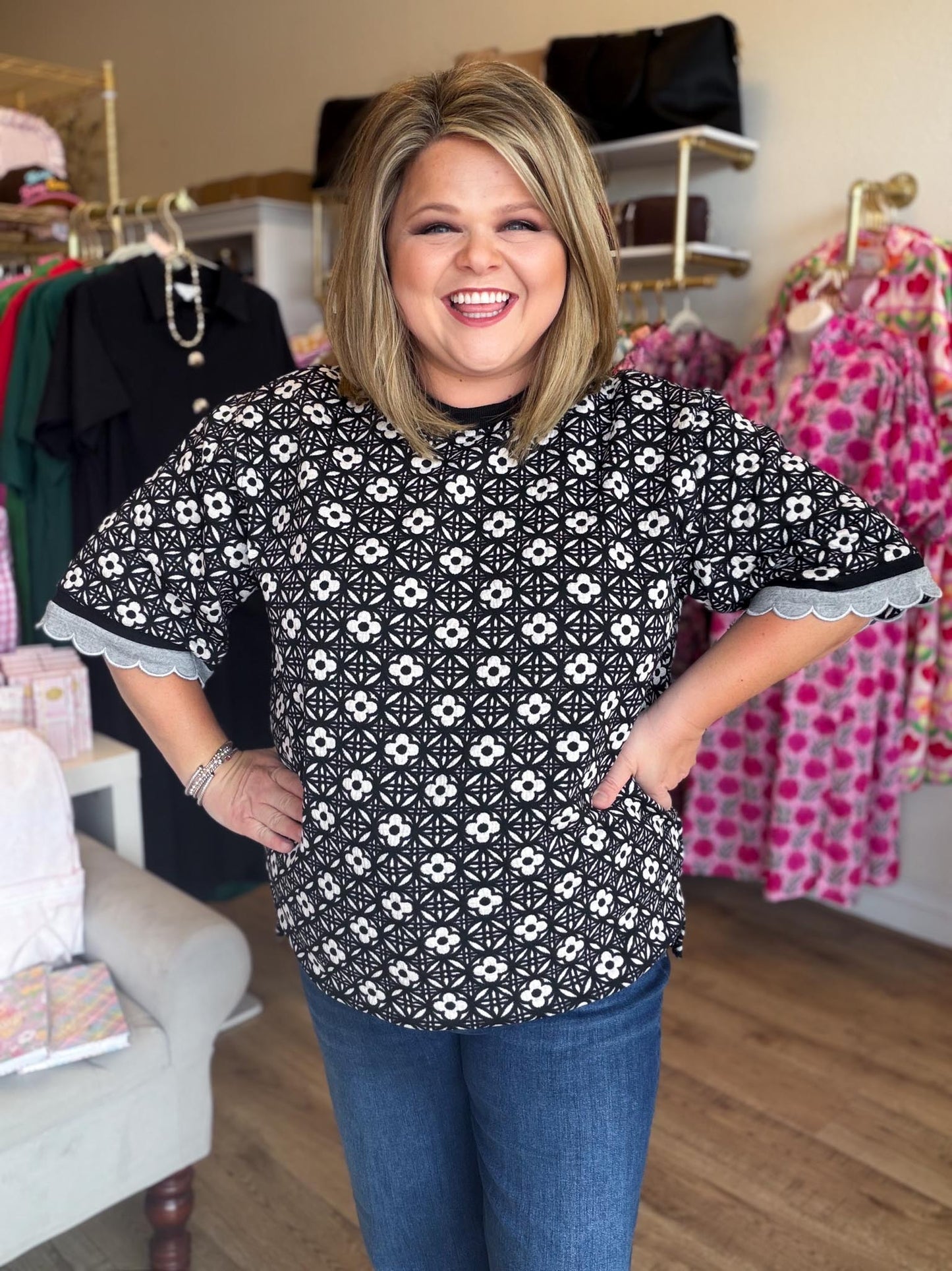 Harvest Haze Curvy Black and White Floral Top
