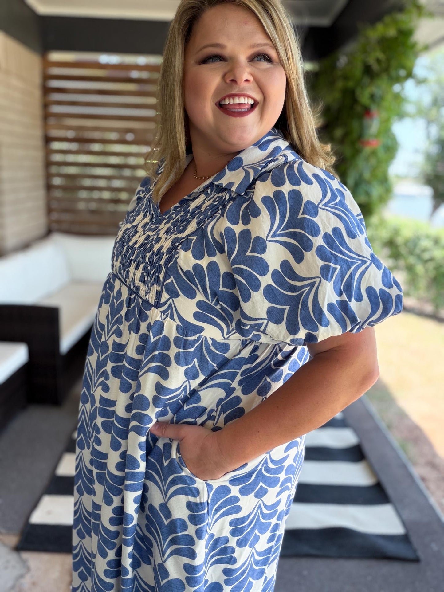 Heat Wave Curvy Denim Blue Abstract Midi Dress
