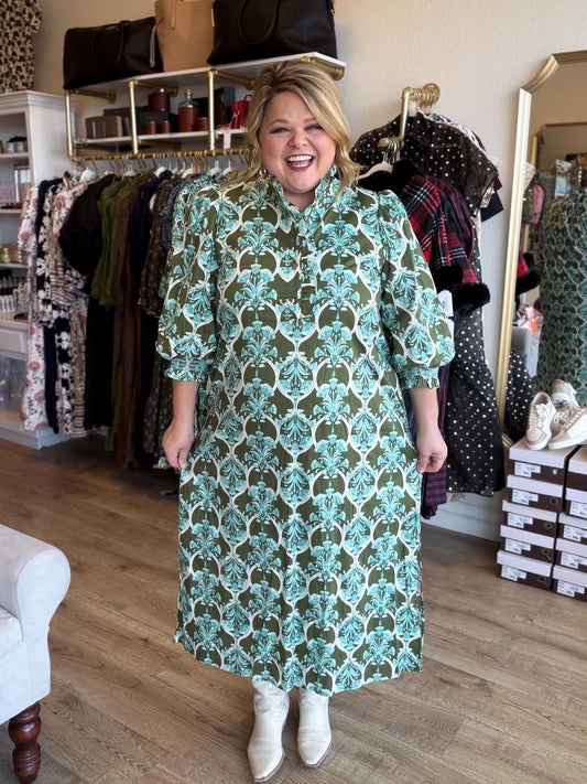 Heirloom Garden Olive Floral Midi Dress