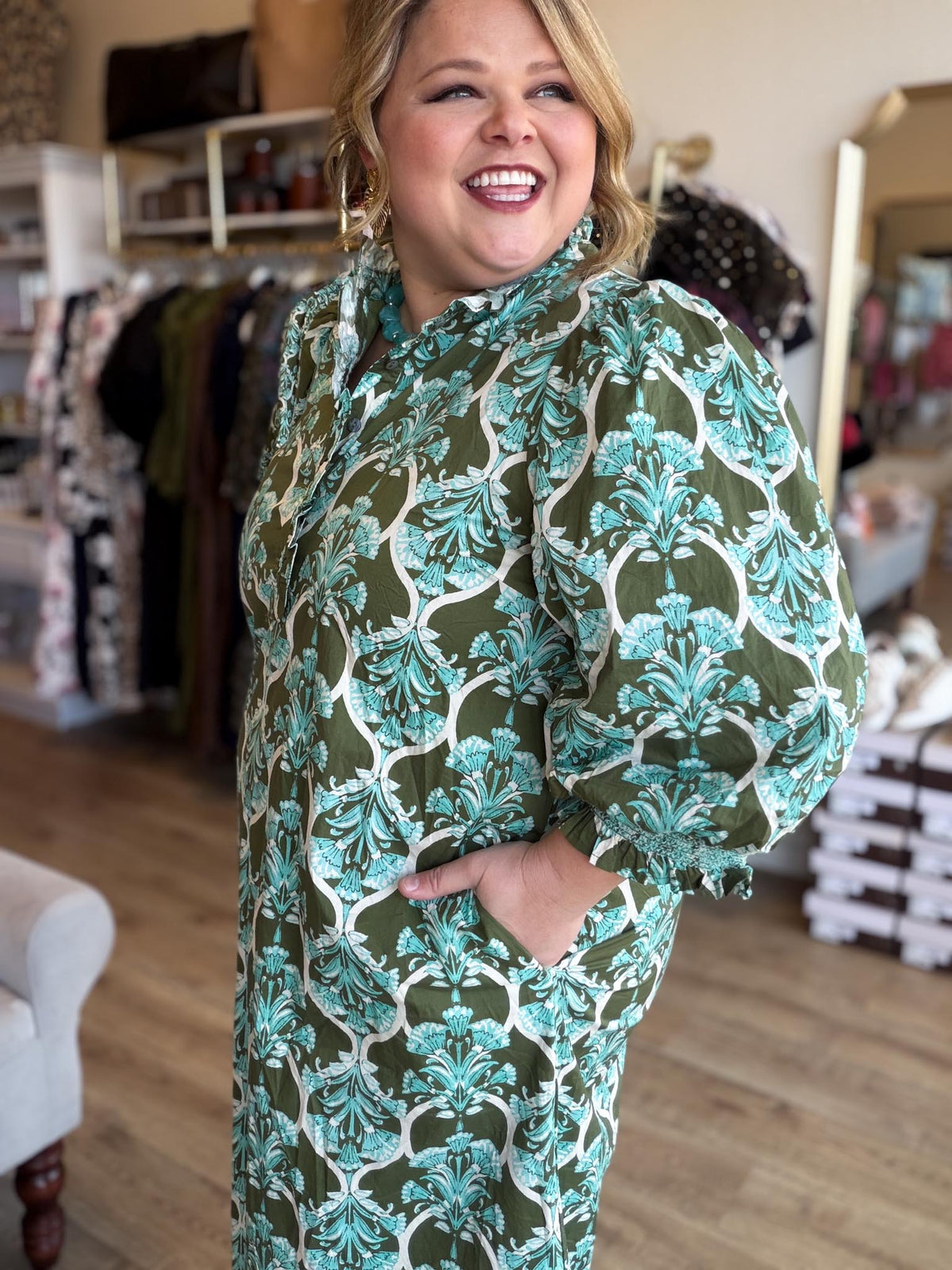 Heirloom Garden Olive Floral Midi Dress