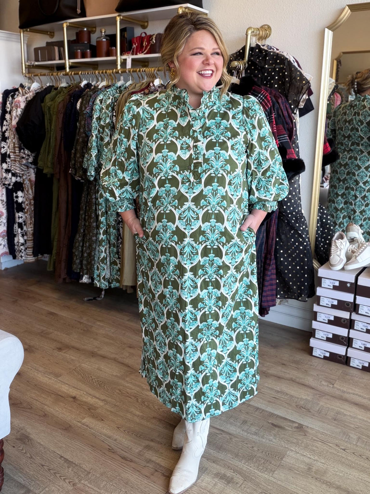 Heirloom Garden Olive Floral Midi Dress