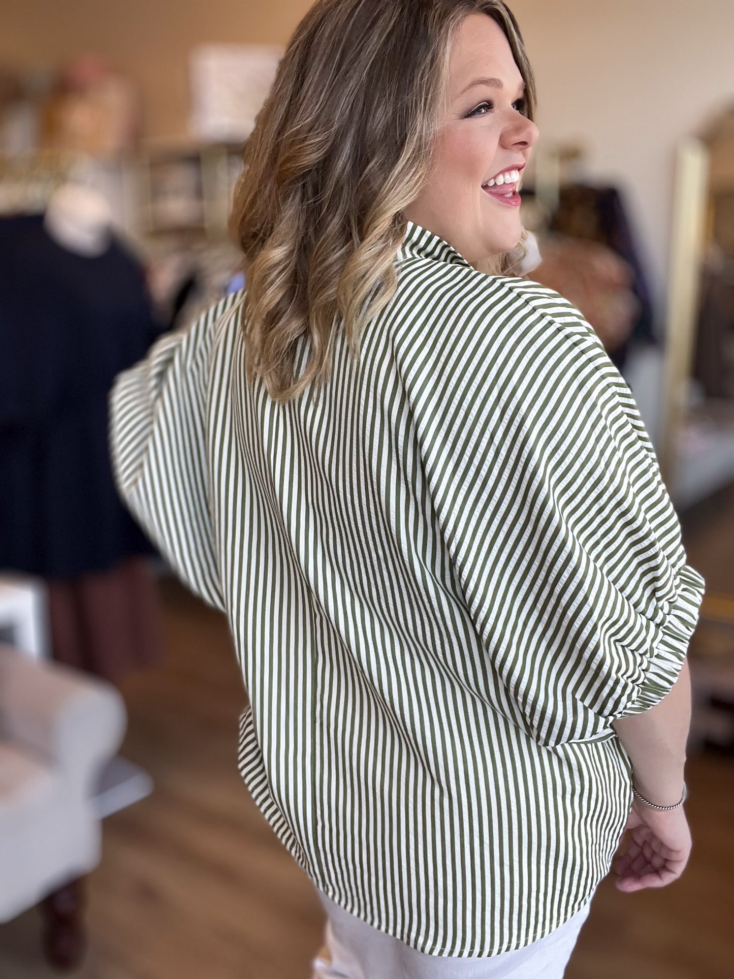 Herbal Rhythm Curvy Olive Stripe Dolman Top