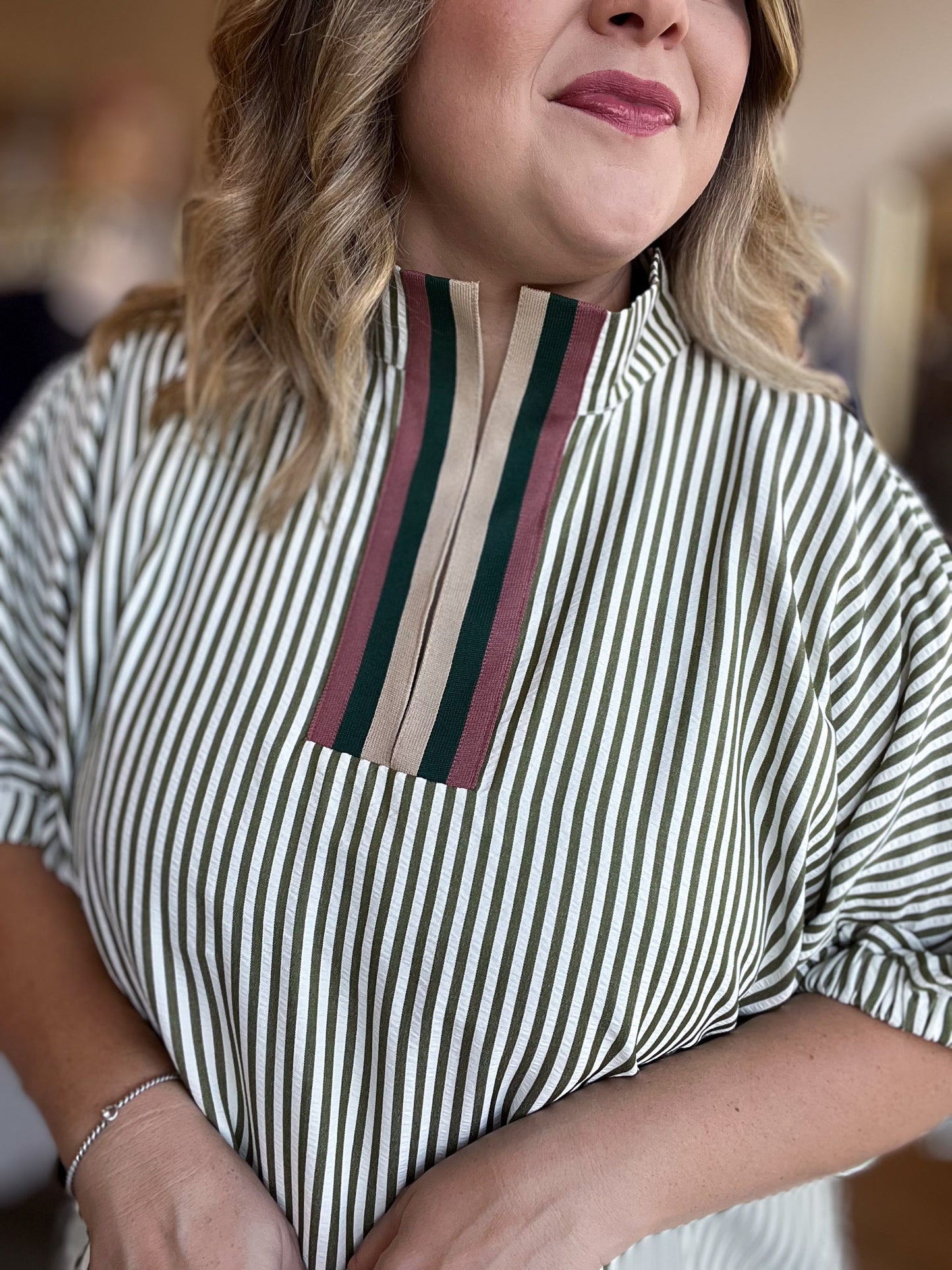 Herbal Rhythm Curvy Olive Stripe Dolman Top