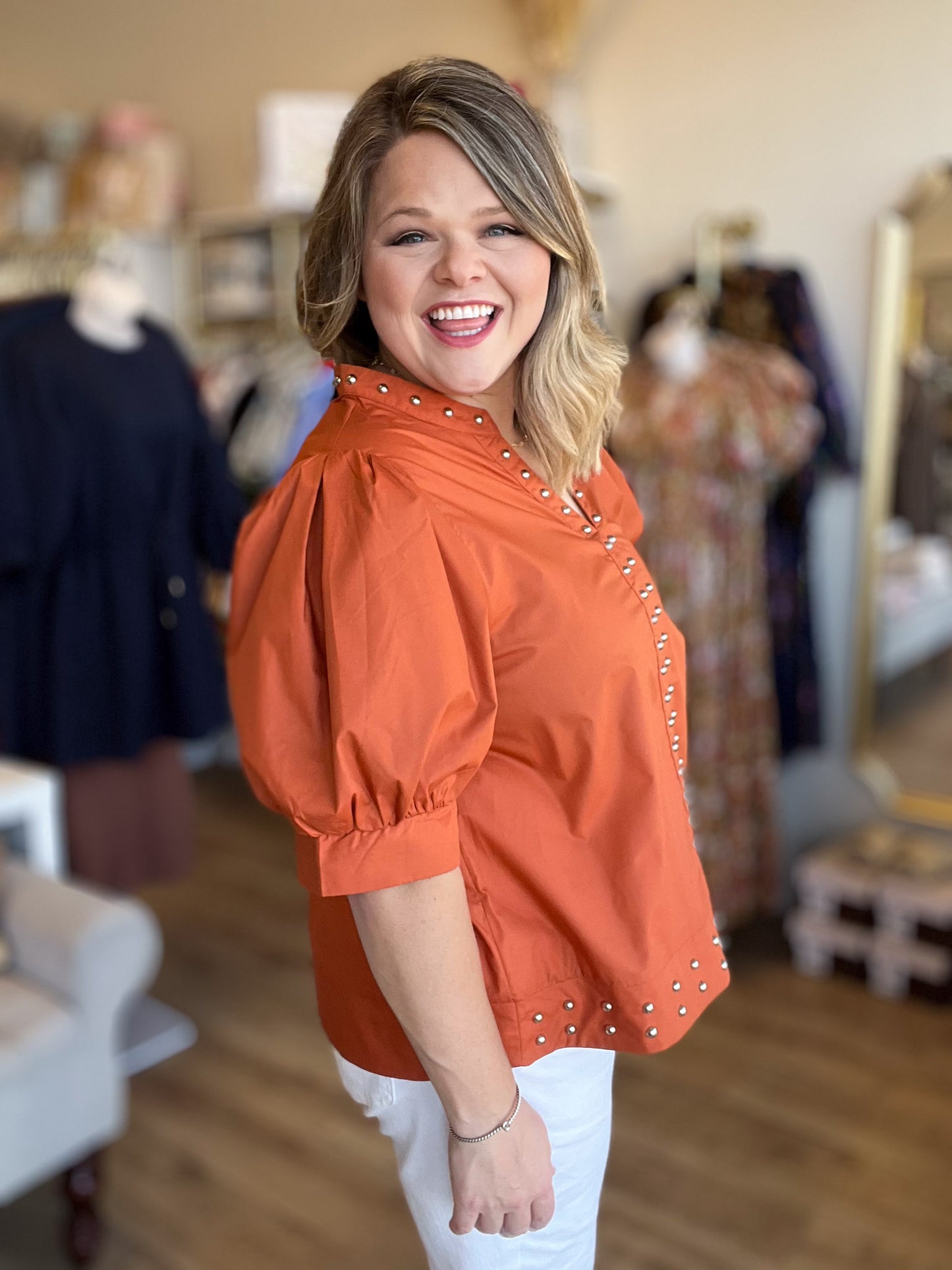 Hey there, Stud Curvy Copper Studded Shirt